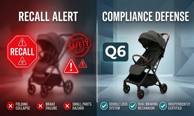 Q6 lightweight baby stroller addressing EU and US safety recalls with EN1888 and ASTM F833 compliance